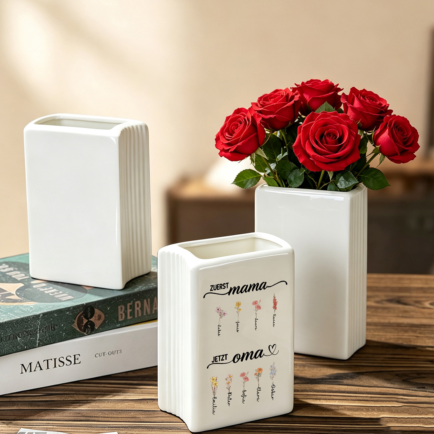 Personalisierte Keramikvase mit 2–12 Namen und Geburtsblumen Geschenk zum Muttertag für Oma