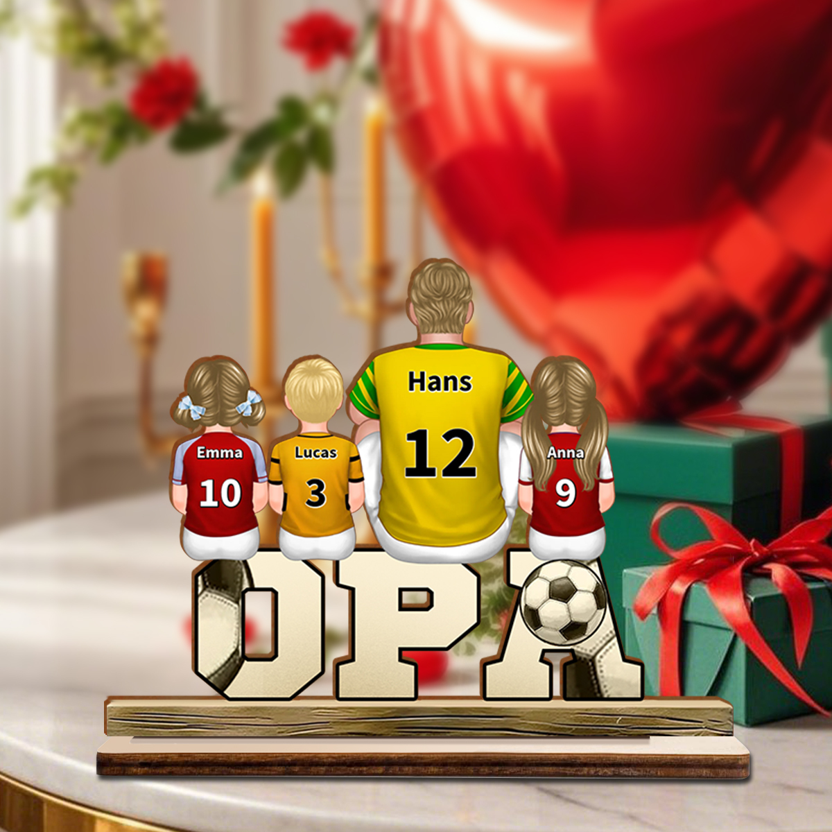 Personalisierte Fußball-Holztafel mit Kindernamen für Opa