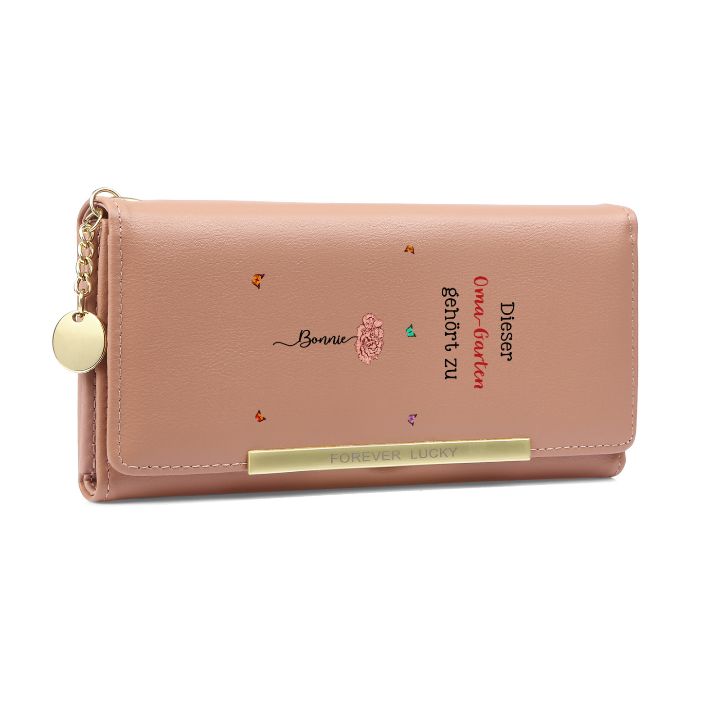 Personalisierte Damen-Lederbörse „Omas Garten“ mit Geburtsblumen