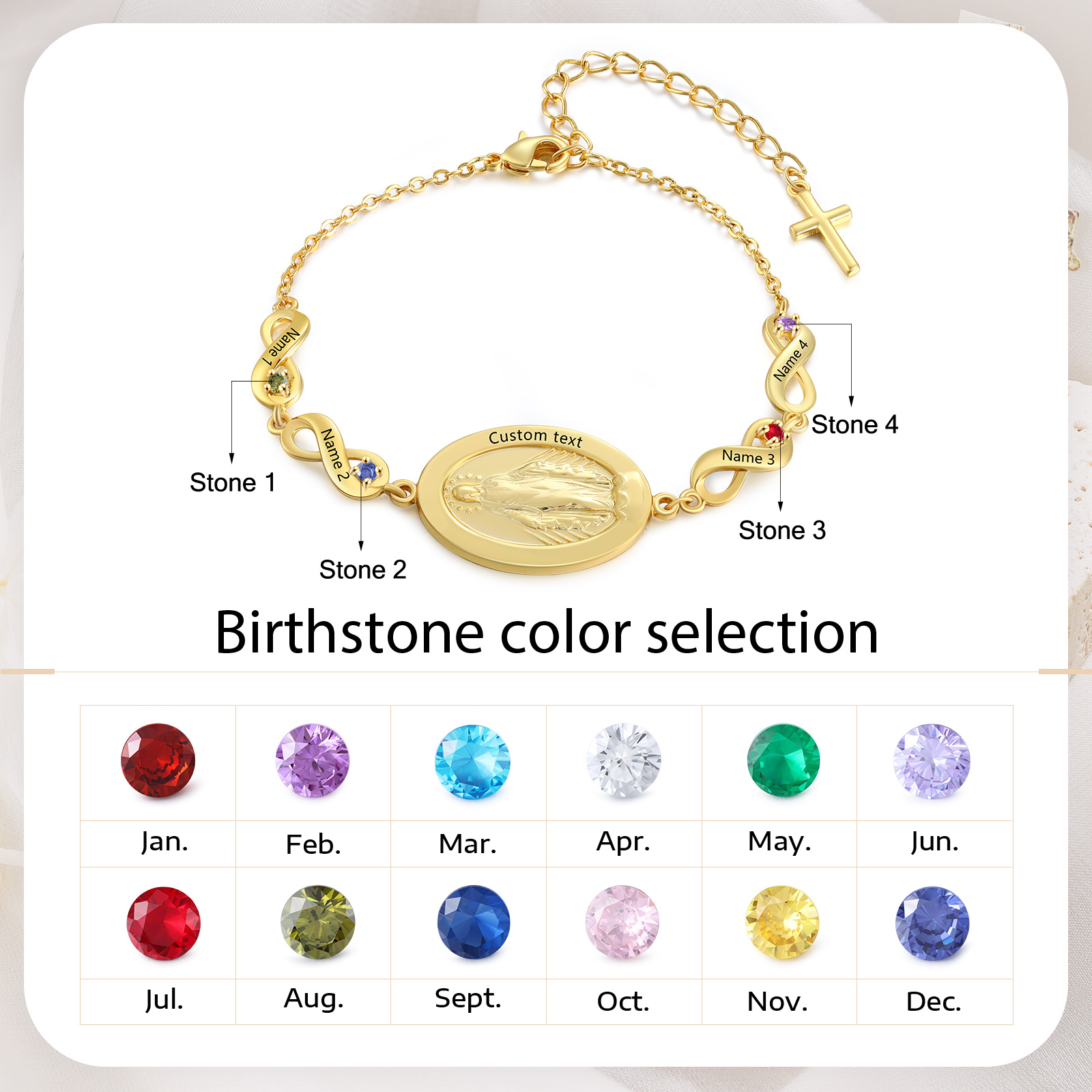 Personalisierbares Infinity-Armband aus Gold mit Marienmedaille & Geburtsstein