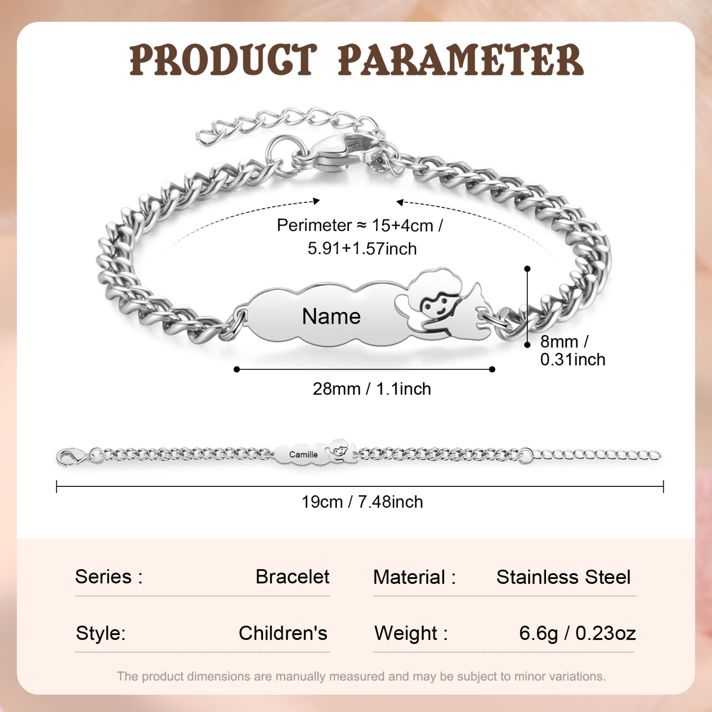 Personalisiertes Namensarmband mit Wunschnamen und Schutzengel‑auf‑Wolke‑Motiv