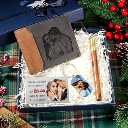 Personalisierte Foto & Name & Buchstabe & Text Geldbörse & Wallet Card & Schlüsselanhänger & Stift Geschenkset für Mann Freund