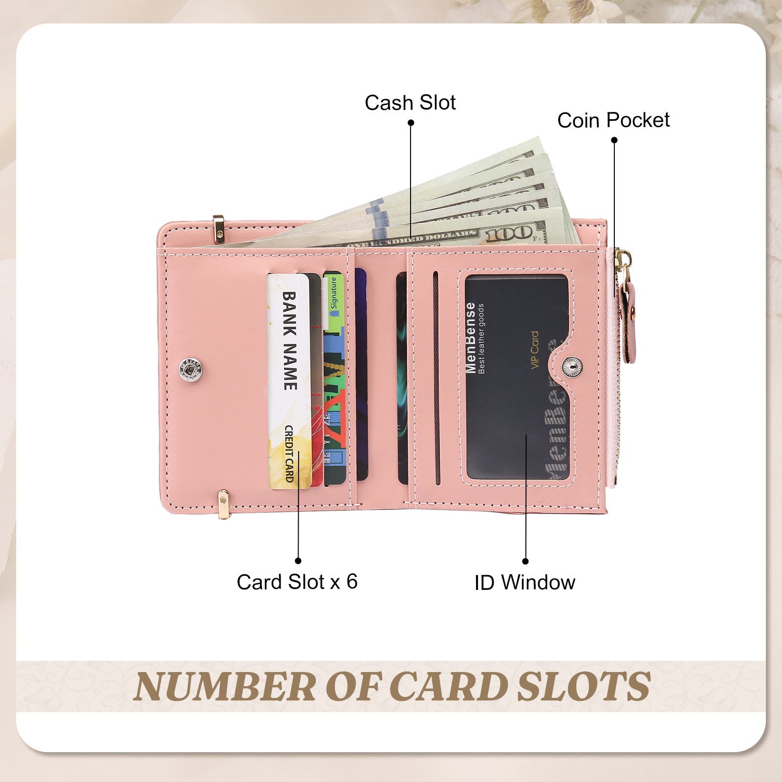 Damen Personalisierter Text & Foto PU Leder Rosa Geldbörse Elegant Portemonnaie mit Reißverschluss