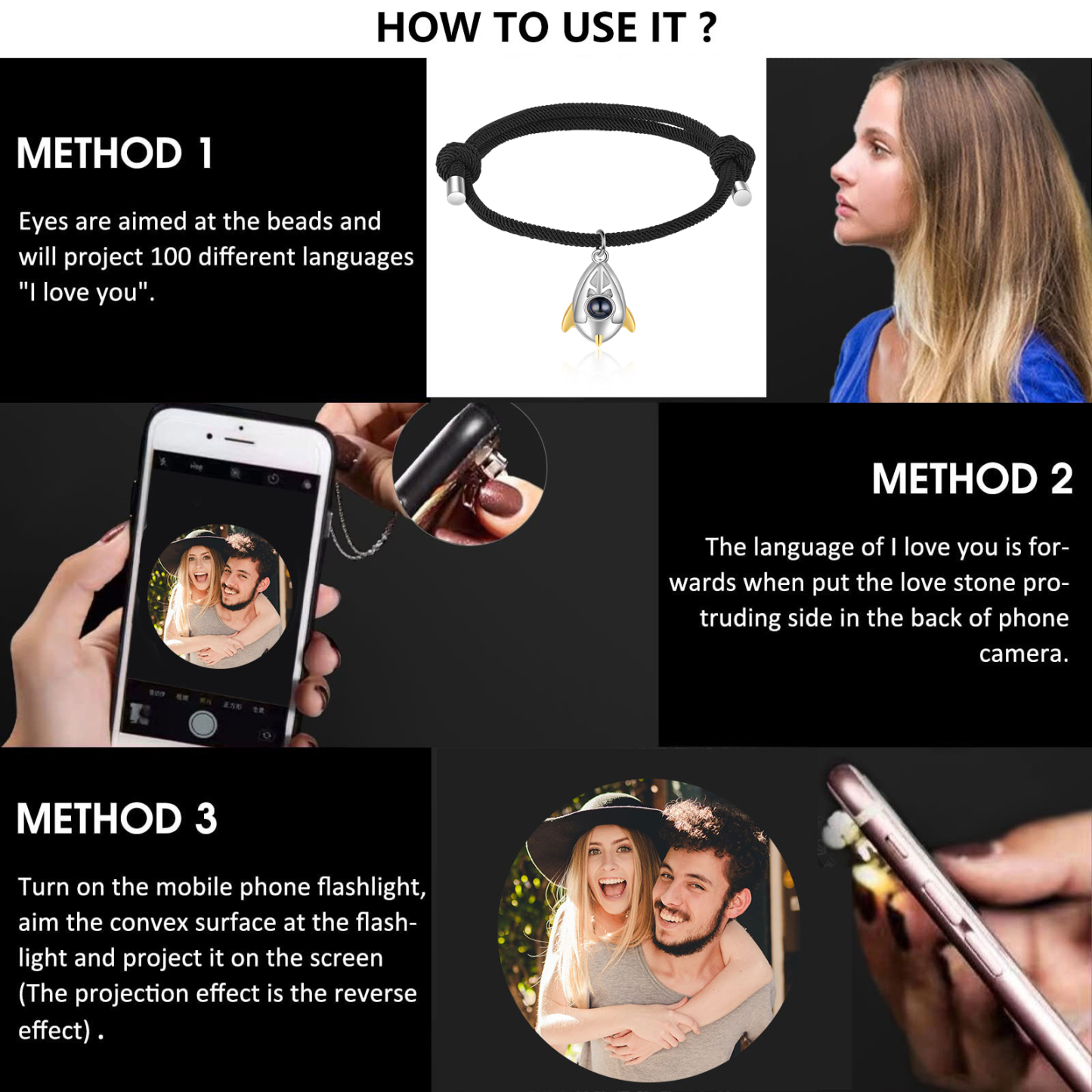 Personalisierte Foto Raumfahrer Rakete Projektion Armbänder Set für Paare