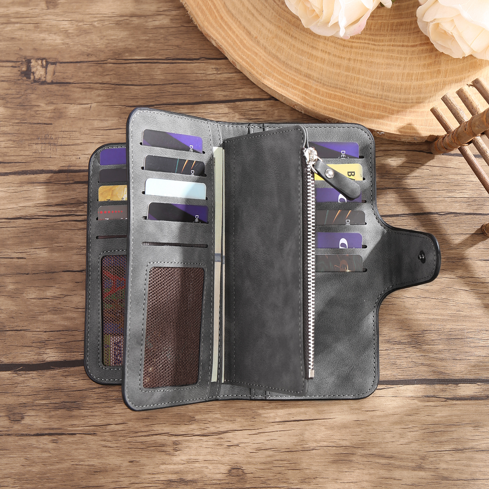 Damen Personalisierter Name & Buchstabe & Foto & Text PU Leder Geldbörse Langes Portemonnaie mit Reißverschluss