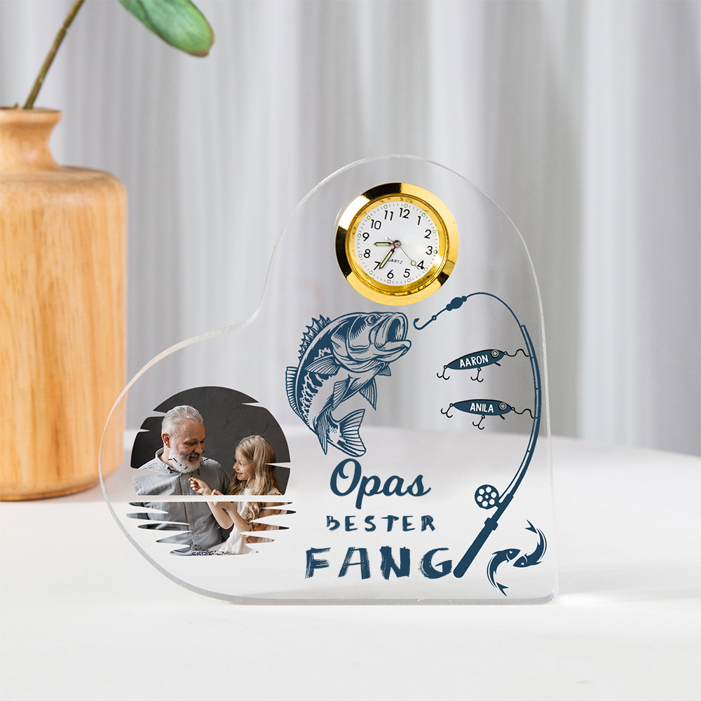Acryl-Deko mit Uhr-Personalisierte 2 Namen & Text & Foto Angeln Schreibtischdekoration für Familie