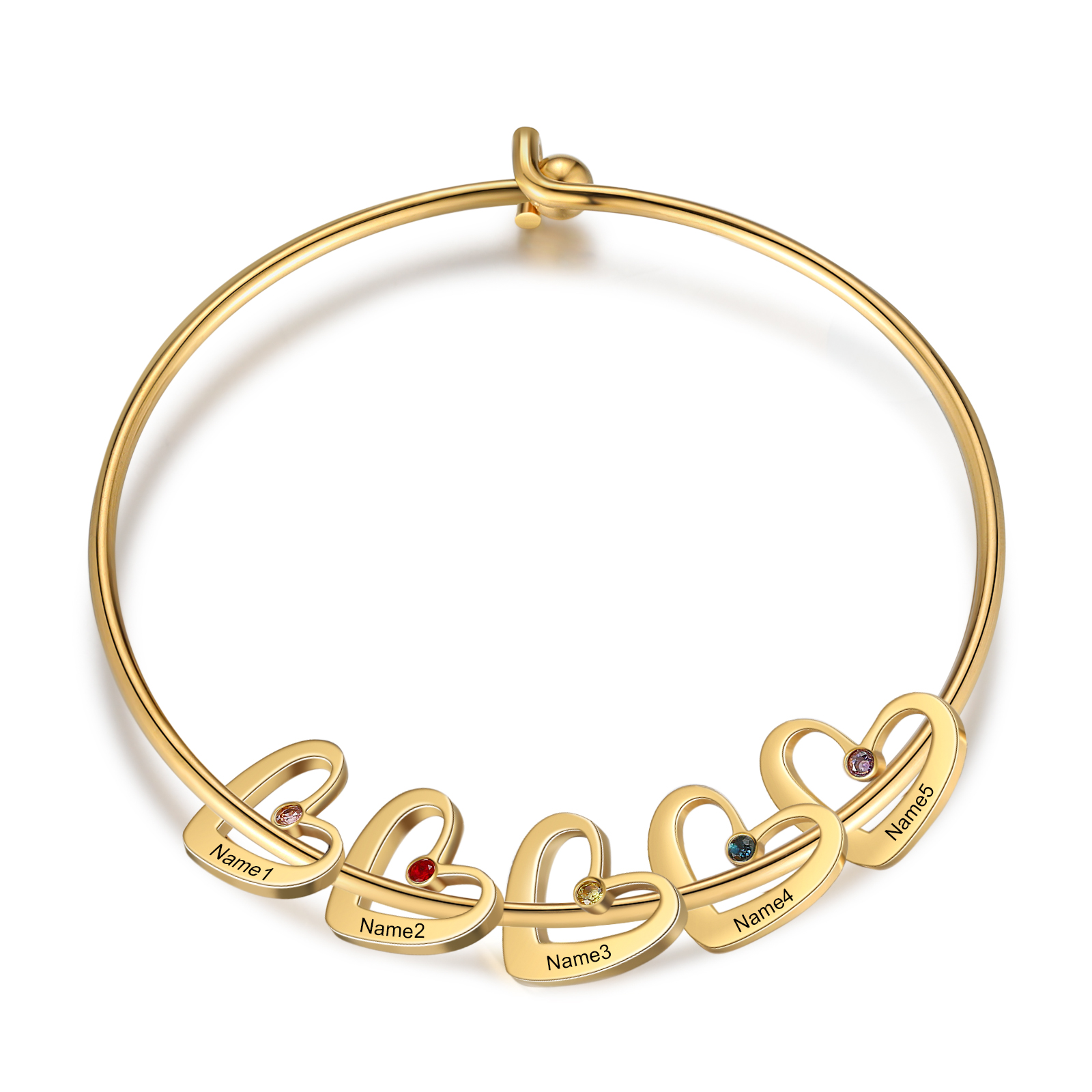 Benutzerdefinierte 5 Namen Herz Charme Armband mit 5 Geburtssteinen
