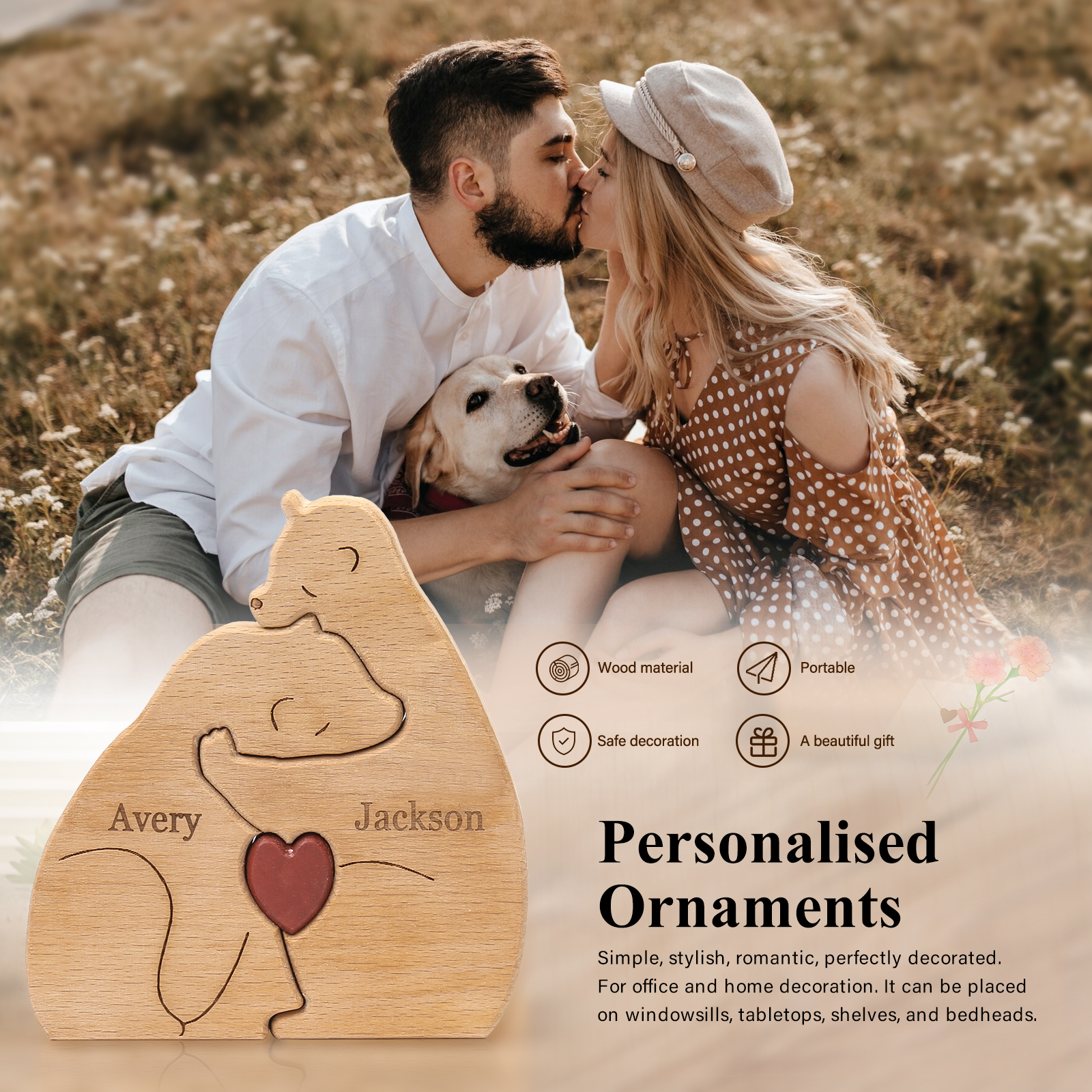 Holzskulptur-Personalisierte 2 Namen Bär Umarmung Paar Holz Deko für Pärchen