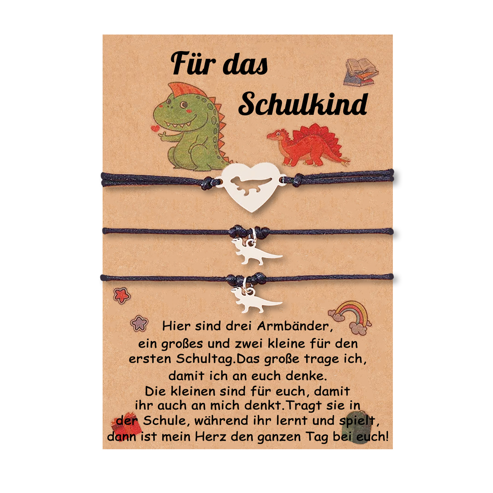Dinos Armbänder Set mit 2 & 3 Ketten-Für das Schulkind-Schulanfang Geschenk mit Nachrichtenkarte
