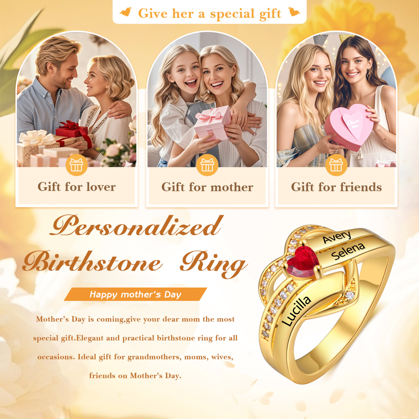 Personalisierter Herzring mit Herz-Geburtsstein – bis zu 4 Namen gravierbar, Geschenk für Frauen