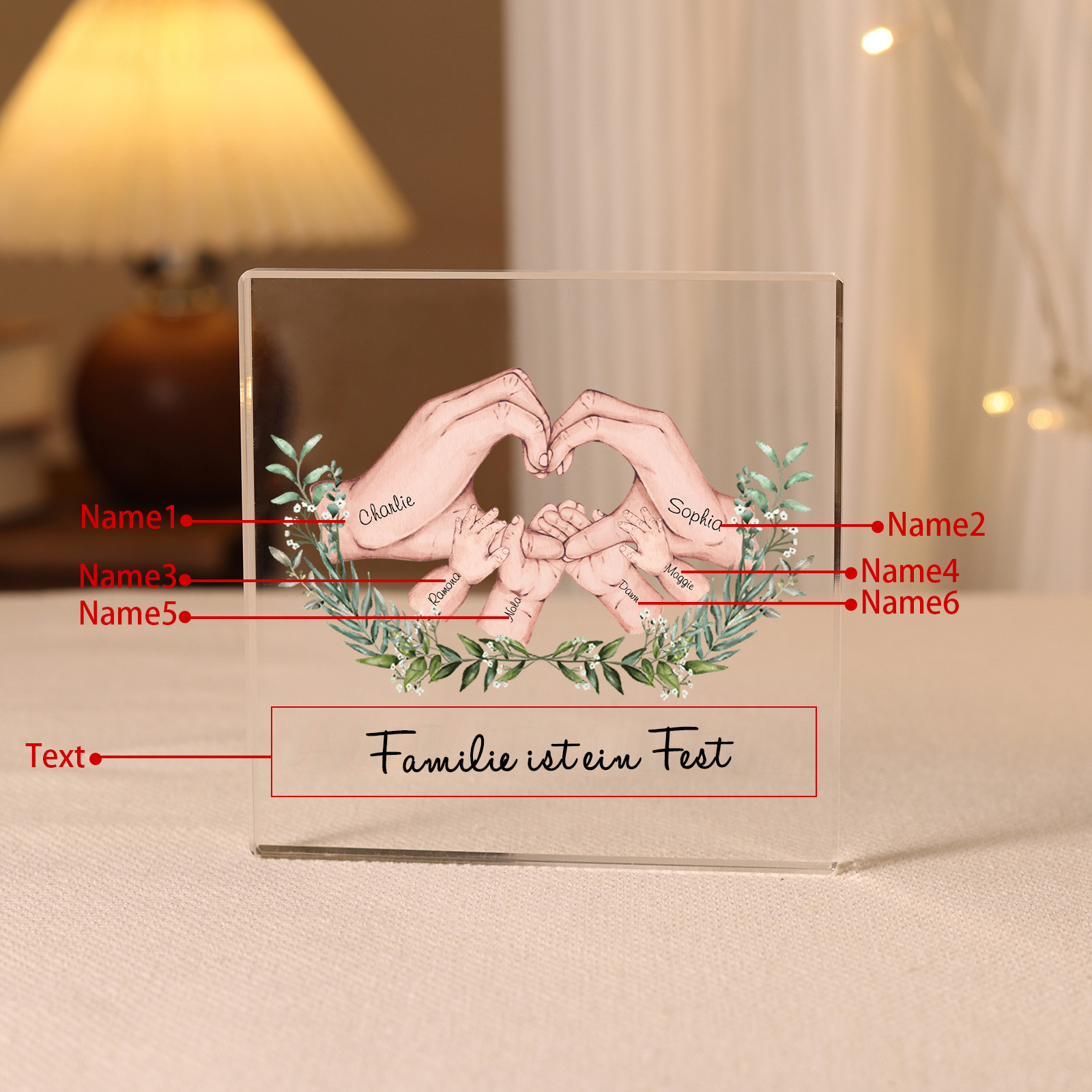 Quadrat Acryl-Deko Personalisierte 6 Namen & Text Herz Hand Familie Schreibtischdekoration