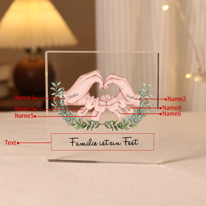 Quadrat Acryl-Deko Personalisierte 6 Namen & Text Herz Hand Familie Schreibtischdekoration