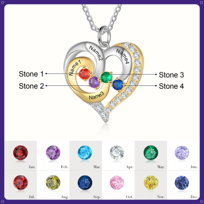 S925 Silber Gravur 4 Namen Herz Halskette mit 4 Geburtssteinen