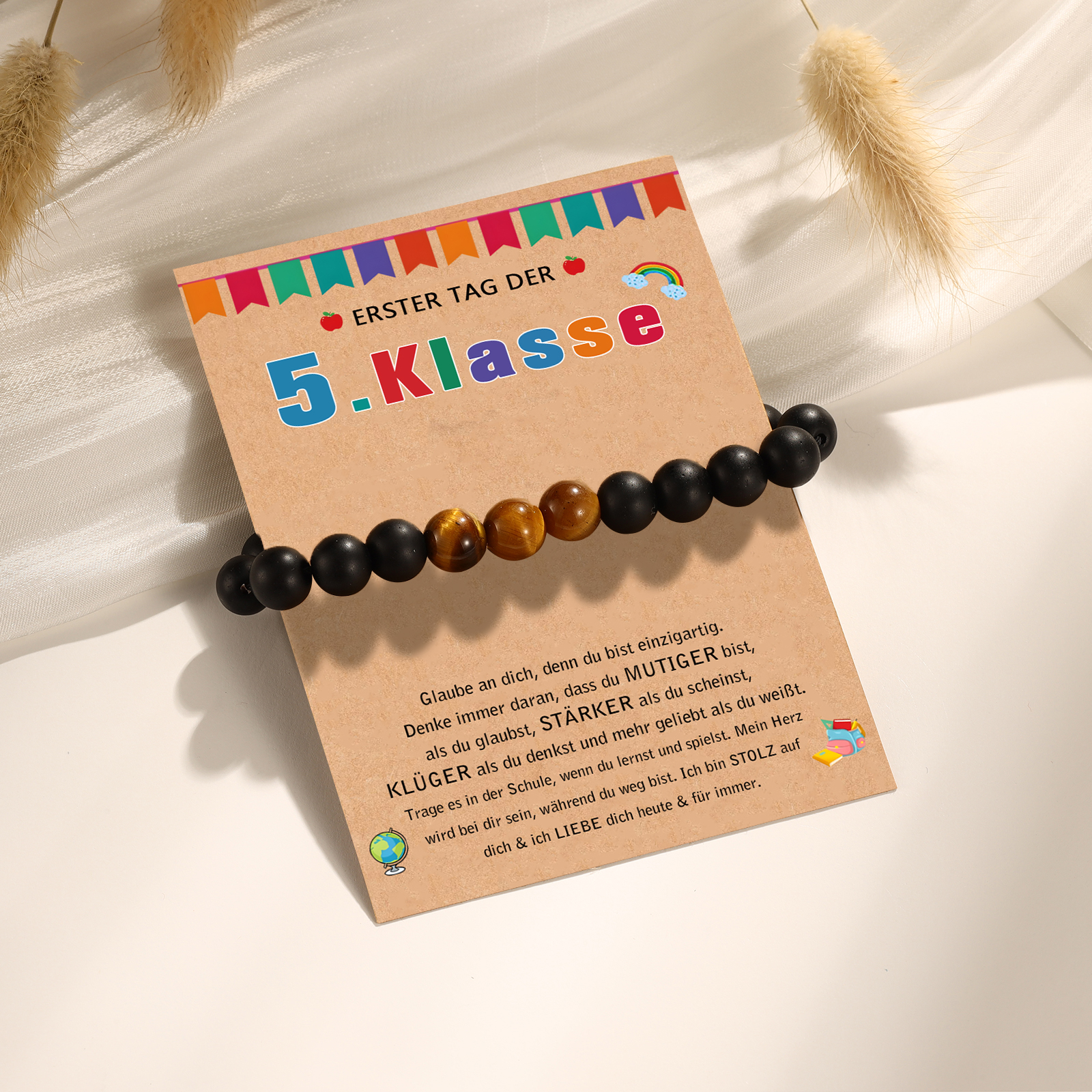Naturstein Armband-Erster Tag der 5. Klasse-Schulanfang Schulkind Geschenk mit Nachrichtenkarte
