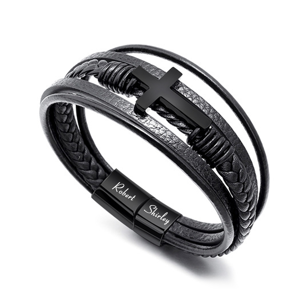 Herren Armband-Personalisiertes 2 Namen Leder Kreuz Kommunion Armband 