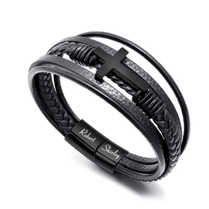 Herren Armband-Personalisiertes 2 Namen Leder Kreuz Kommunion Armband 