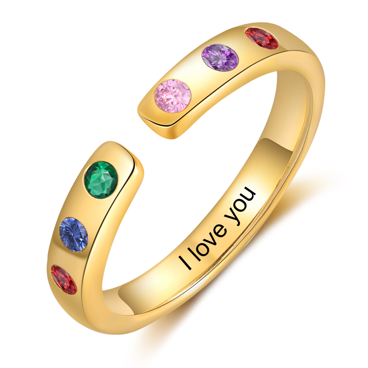Personalisierte 6 Geburtssteine & Text Golden Offener Ring