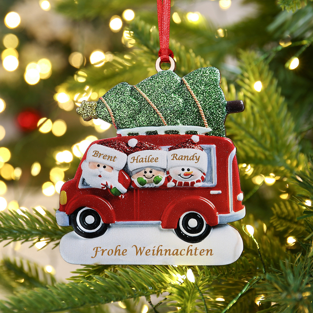 Holz Personalisierte 3 Namen & Text Weihnachtsornament Baum & Auto mit 3 Familienmitgliedern