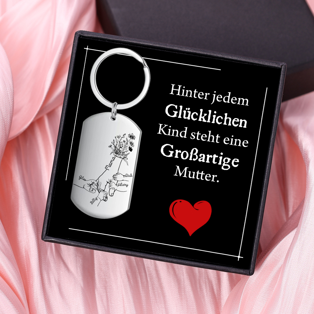 Personalisierbare 5 Namen Blume Hand Familie Schlüsselanhänger-Hinter jedem Glücklichen Kind steht eine Großartige Mutter-Geschenk mit Nachrichtenkarte