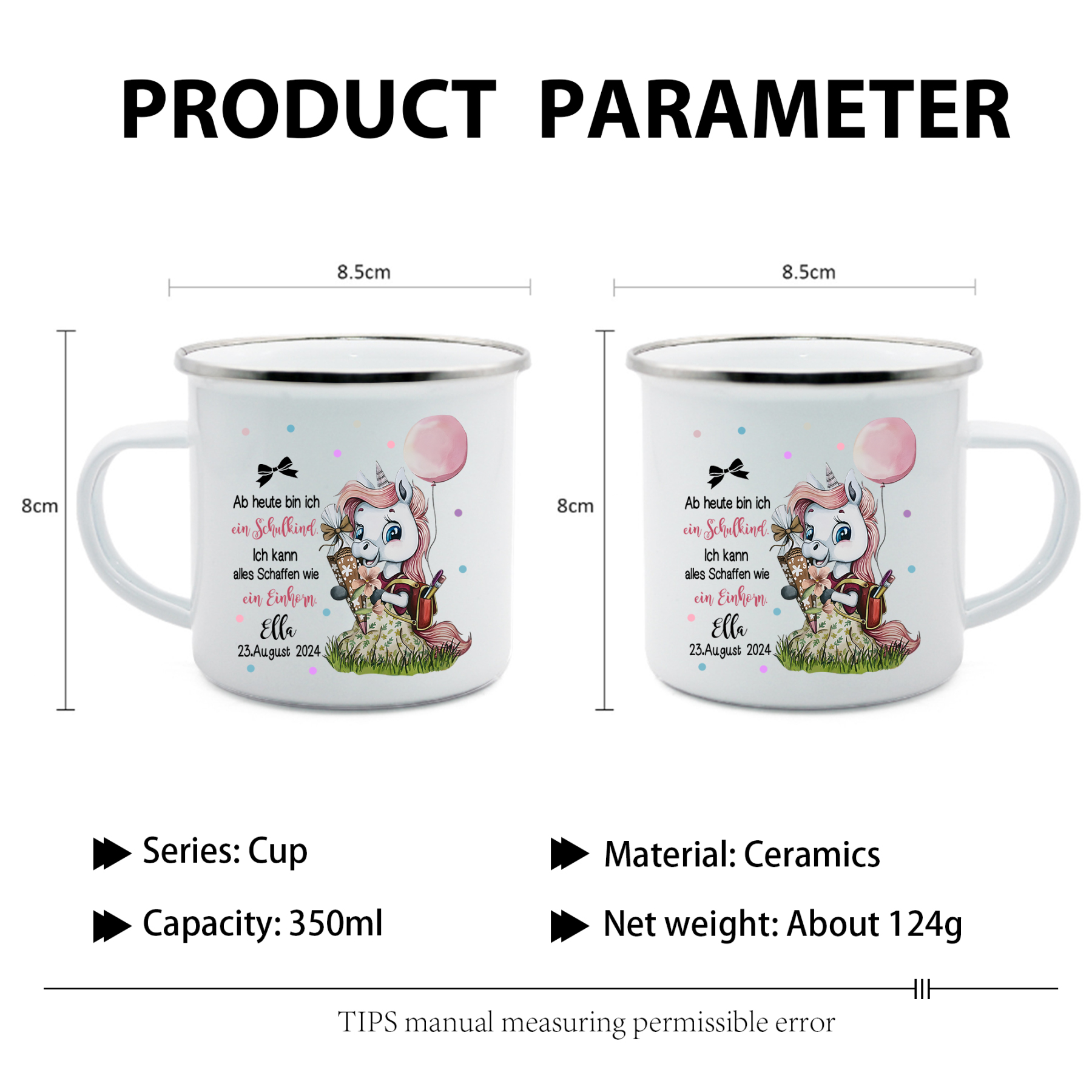 Schulanfang Geschenkset-Personalisierter Name & Datum Einhorn Emaille Tasse & Personalisierter Name Stifteetui & 3 Gummiband Armbänder Set - Geschenk für Schulkind mit Geschenk Box