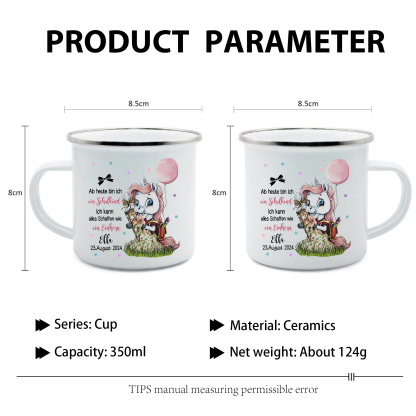 Schulanfang Geschenkset-Personalisierter Name & Datum Einhorn Emaille Tasse & Personalisierter Name Stifteetui & 3 Gummiband Armbänder Set - Geschenk für Schulkind mit Geschenk Box