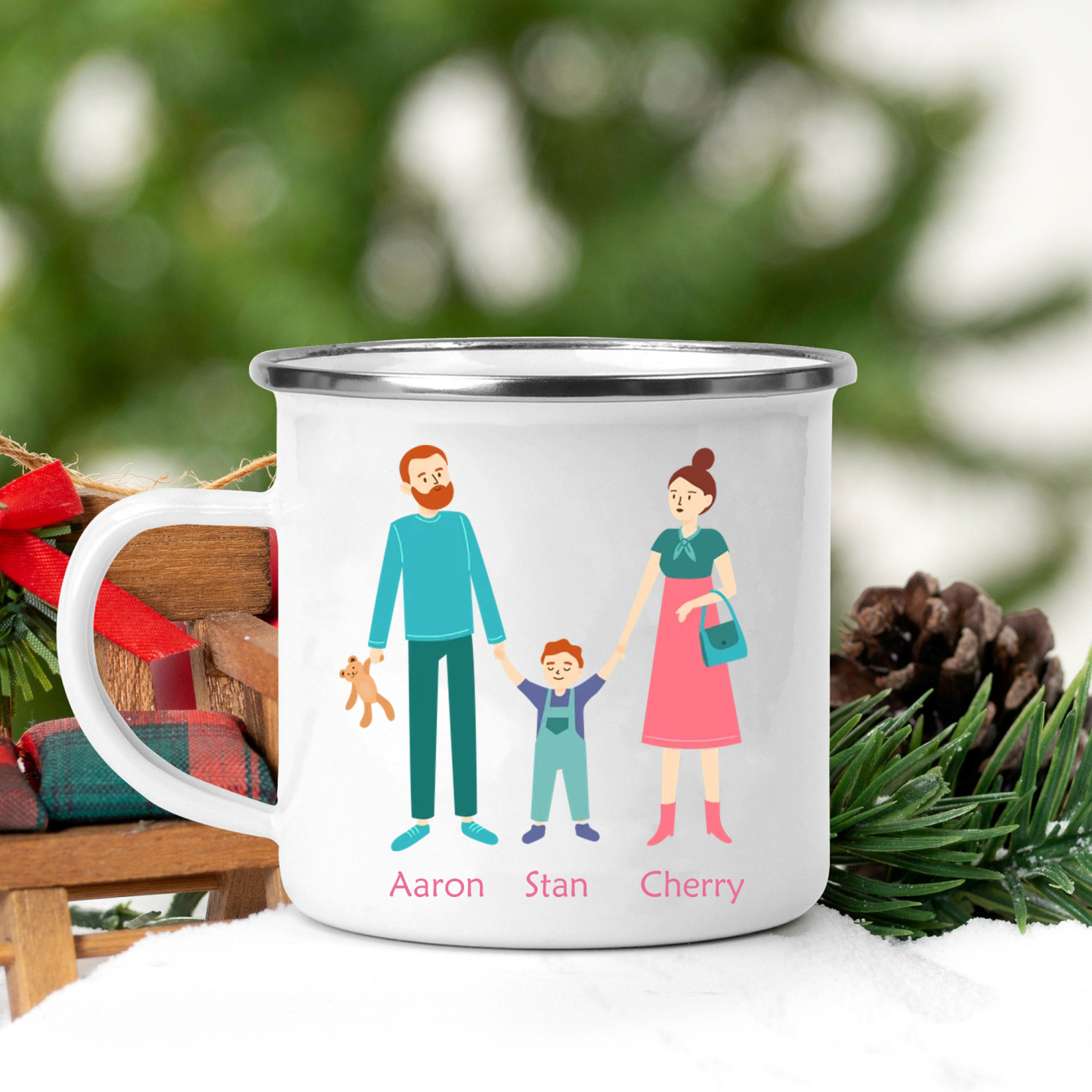 Emaille Tasse-Personalisierte 3 Namen Eine dreiköpfige Familie Emaille Becher