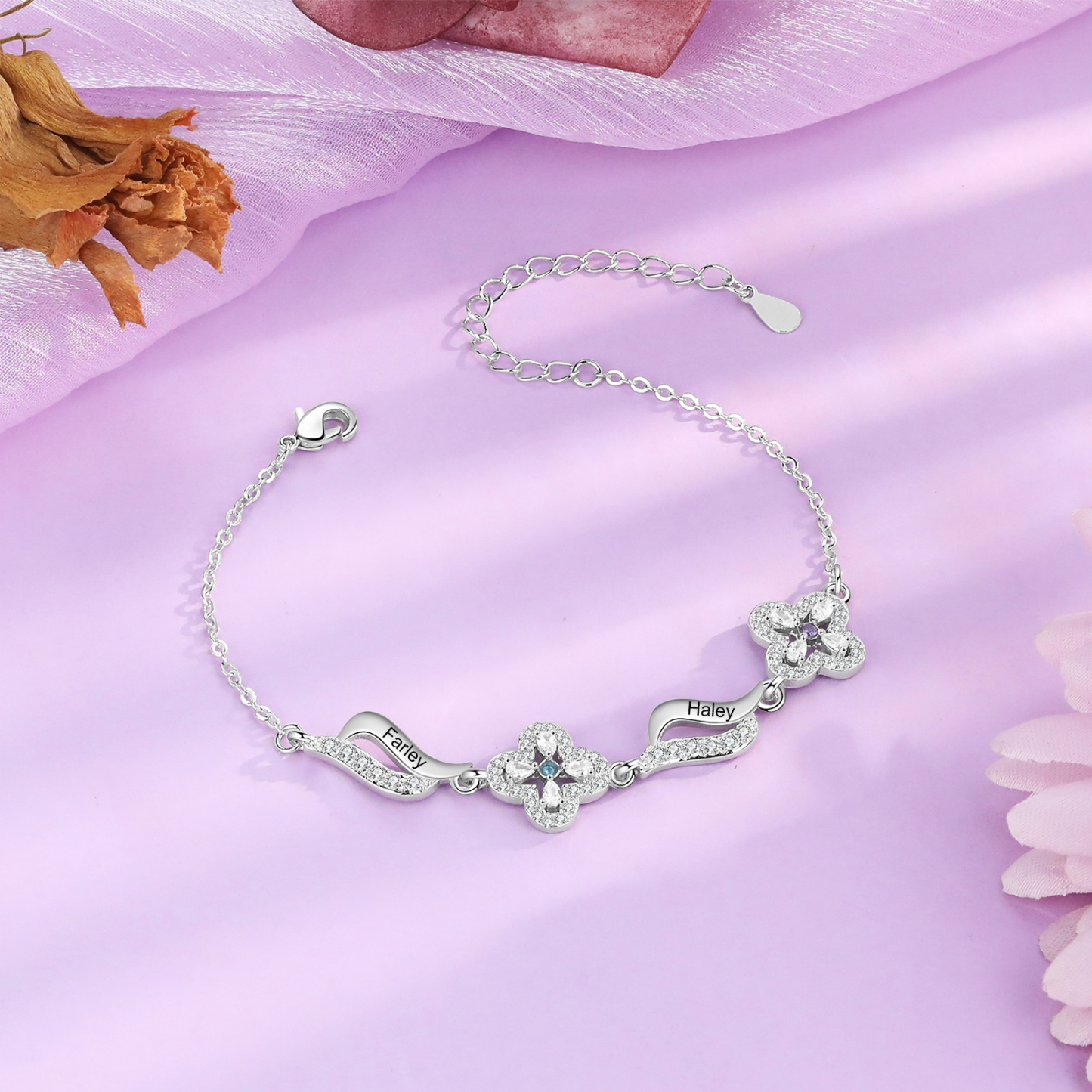 Personalisierte 2 Namen & 2 Geburtssteine Blume Welle Armband mit Zirkonia