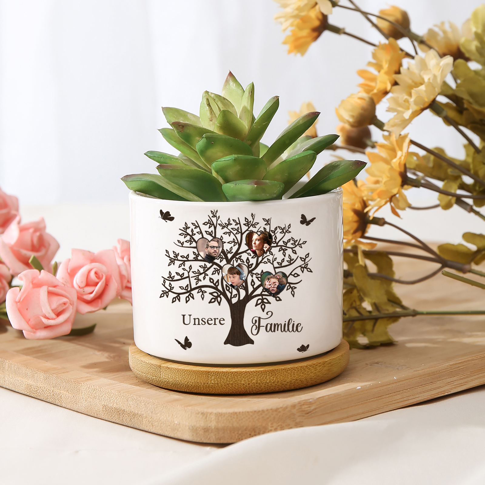 Personalisierbarer Text & 4 Fotos Familienbaum Familie Blumentopf