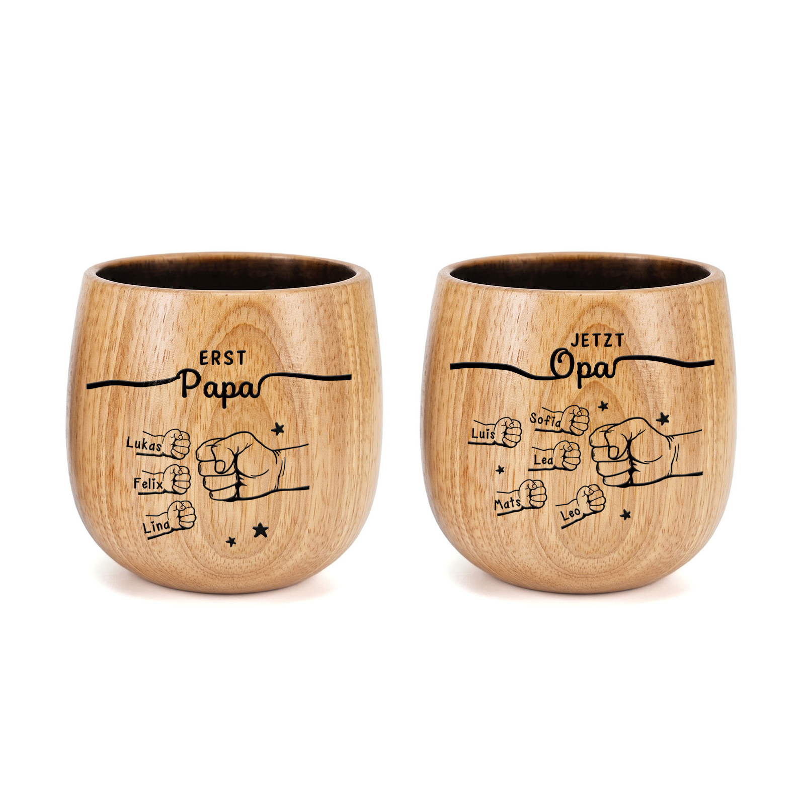 Personalisierter Whiskybecher aus Holz mit 2–12 Namen und Fauststoß-Motiven