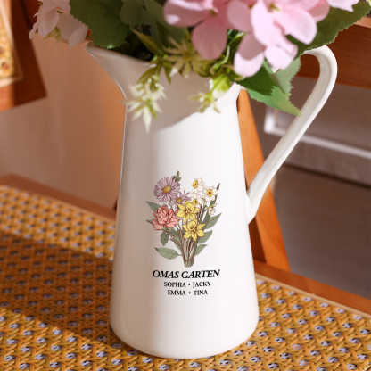 Personalisierte 4 Namen & Geburtsblumen & Text Gießvase mit Henkel Familie Vase