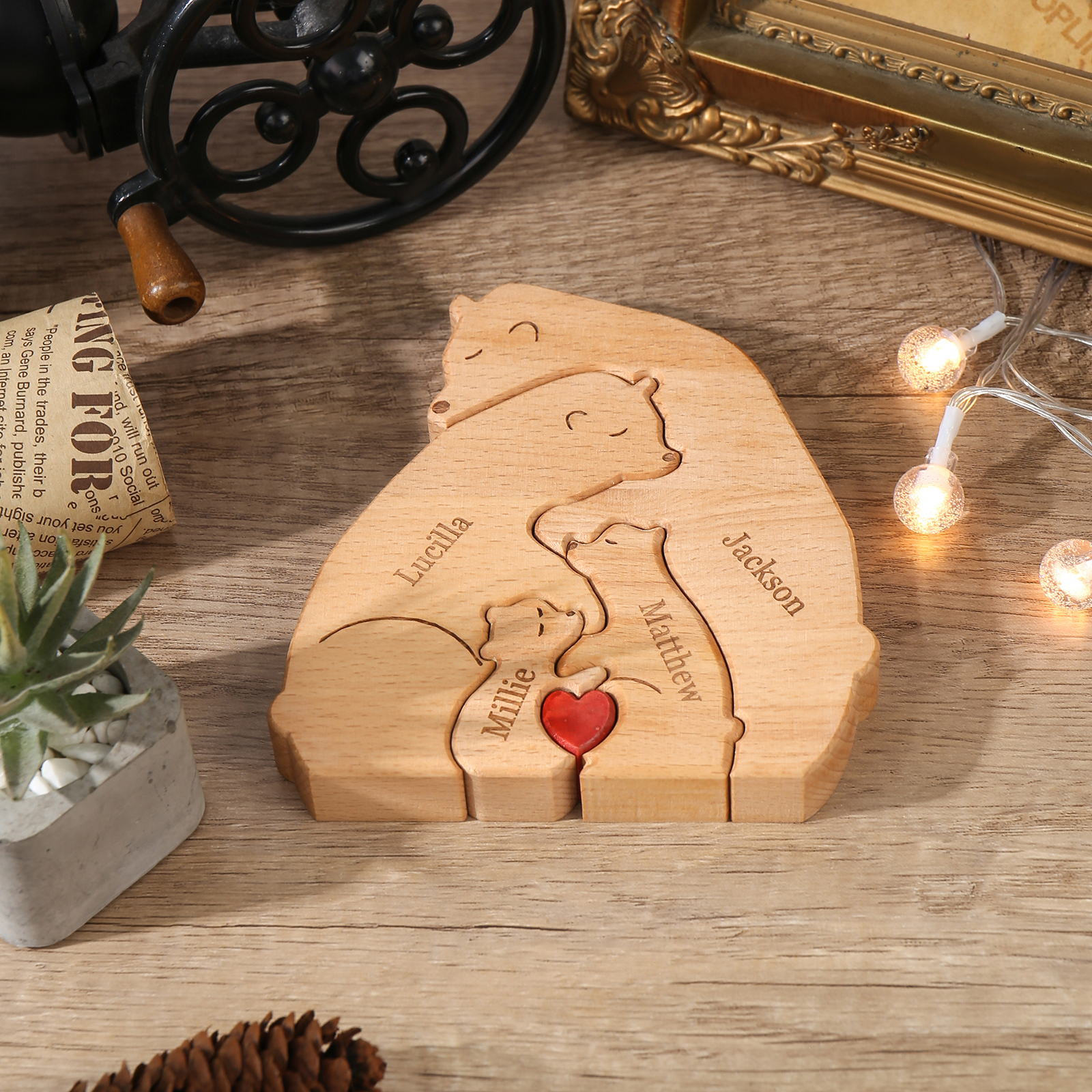 Holzskulptur-Personalisierte 4 Namen Bär Umarmung Familie Holz Deko
