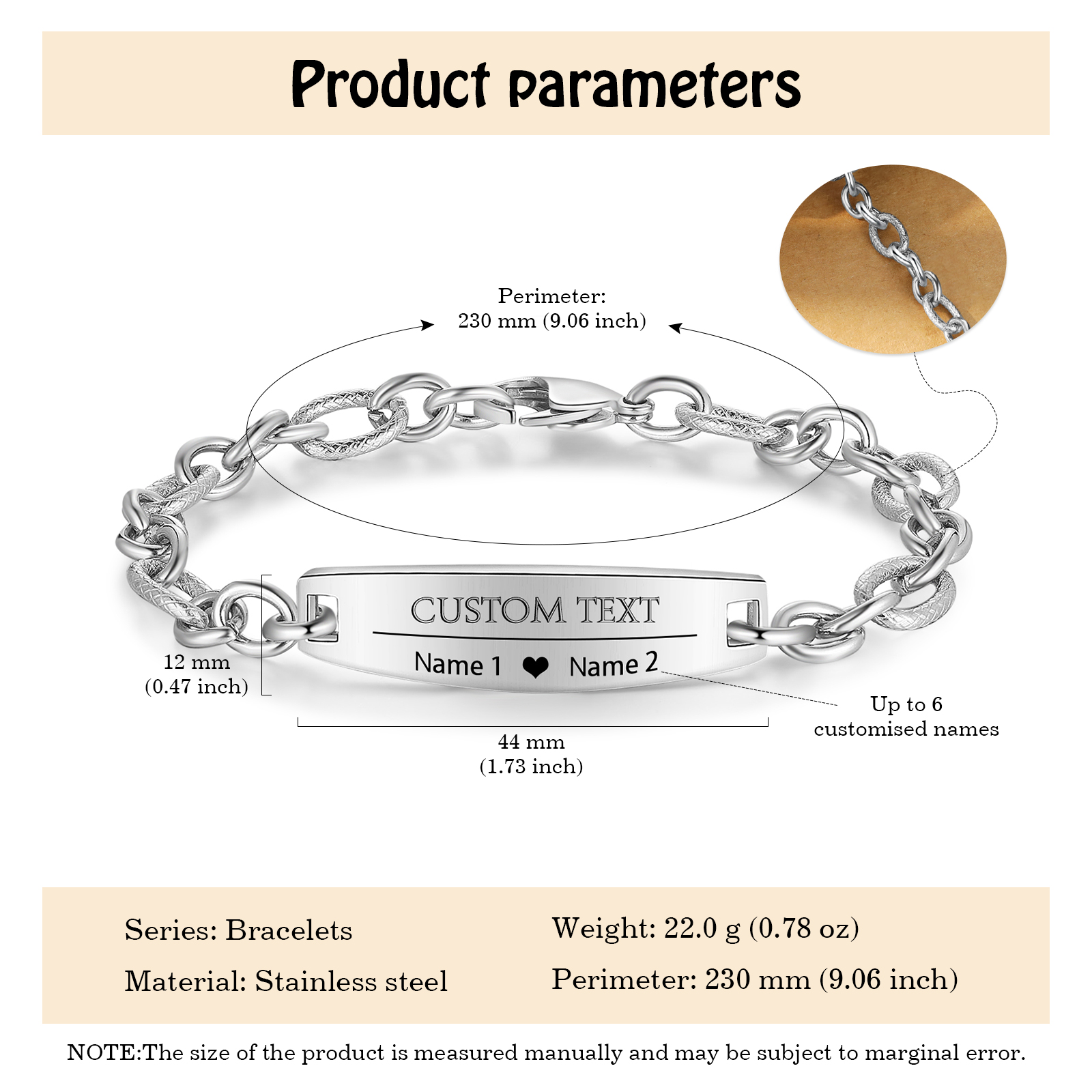 Herren Armband-Personalisiertes 2 Namen & Text Edelstahl Armband 