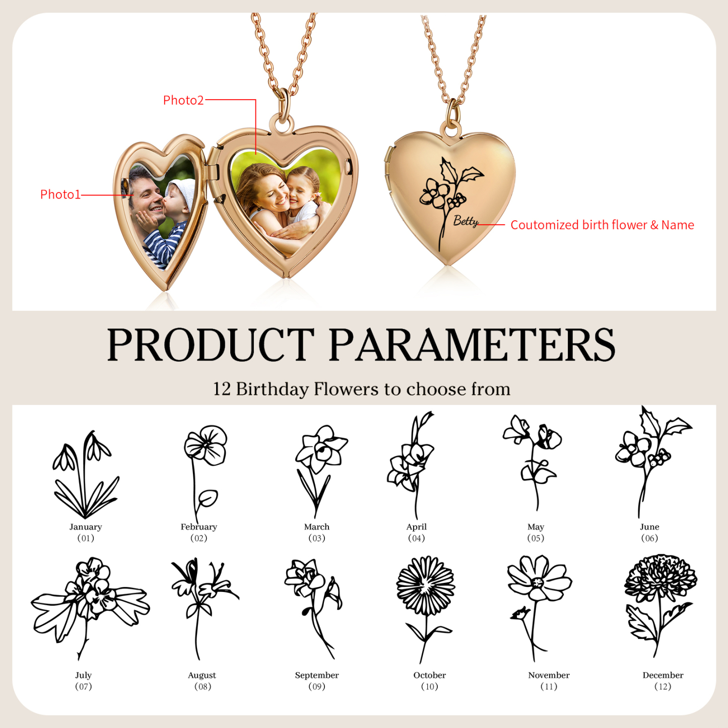 Personalisierte 2 Fotos & Geburtsblume & Name Feine Herz Halskette