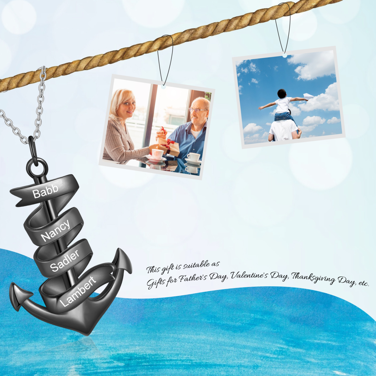 925 Sterling Silber Personalisierte 4 Namen Anker Halskette für Vater -Geschenk mit Meer Nachrichtenkarte