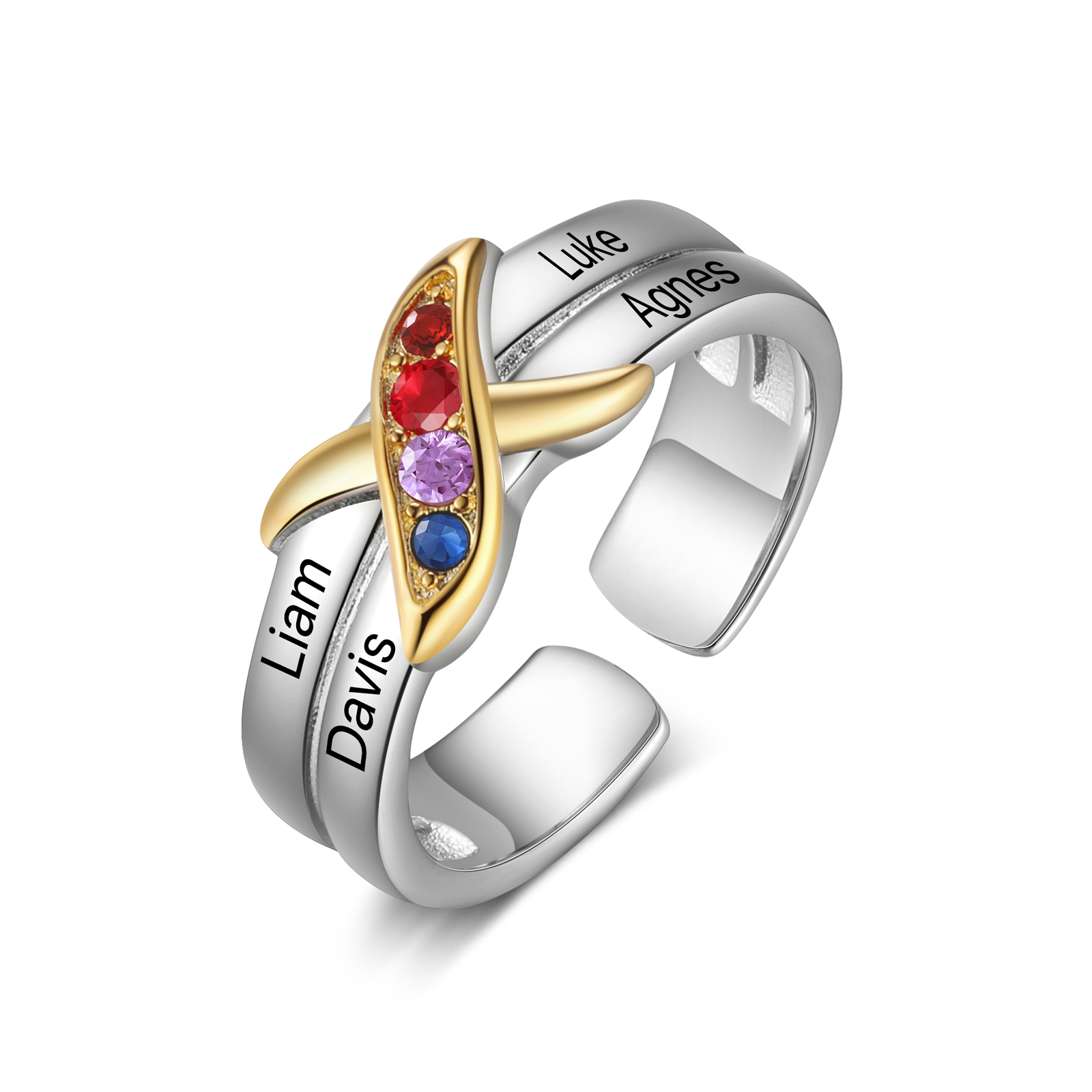 Personalisierte 4 Geburtssteine & 4 Namen X Offener Ring