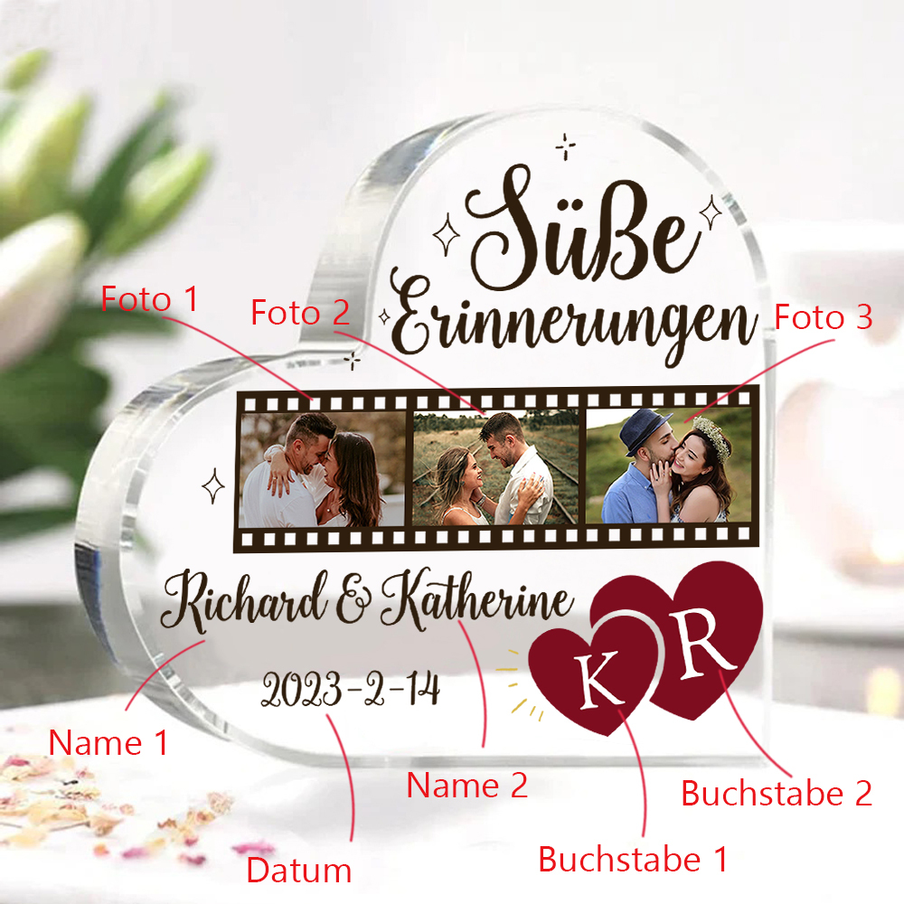 Personalisierte 3 Fotos & 2 Namen & 2 Buchstaben & Datum Acryl-Deko-Süße Erinnerungen-Schreibtischdekoration für Paar
