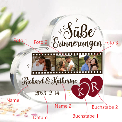 Personalisierte 3 Fotos & 2 Namen & 2 Buchstaben & Datum Acryl-Deko-Süße Erinnerungen-Schreibtischdekoration für Paar
