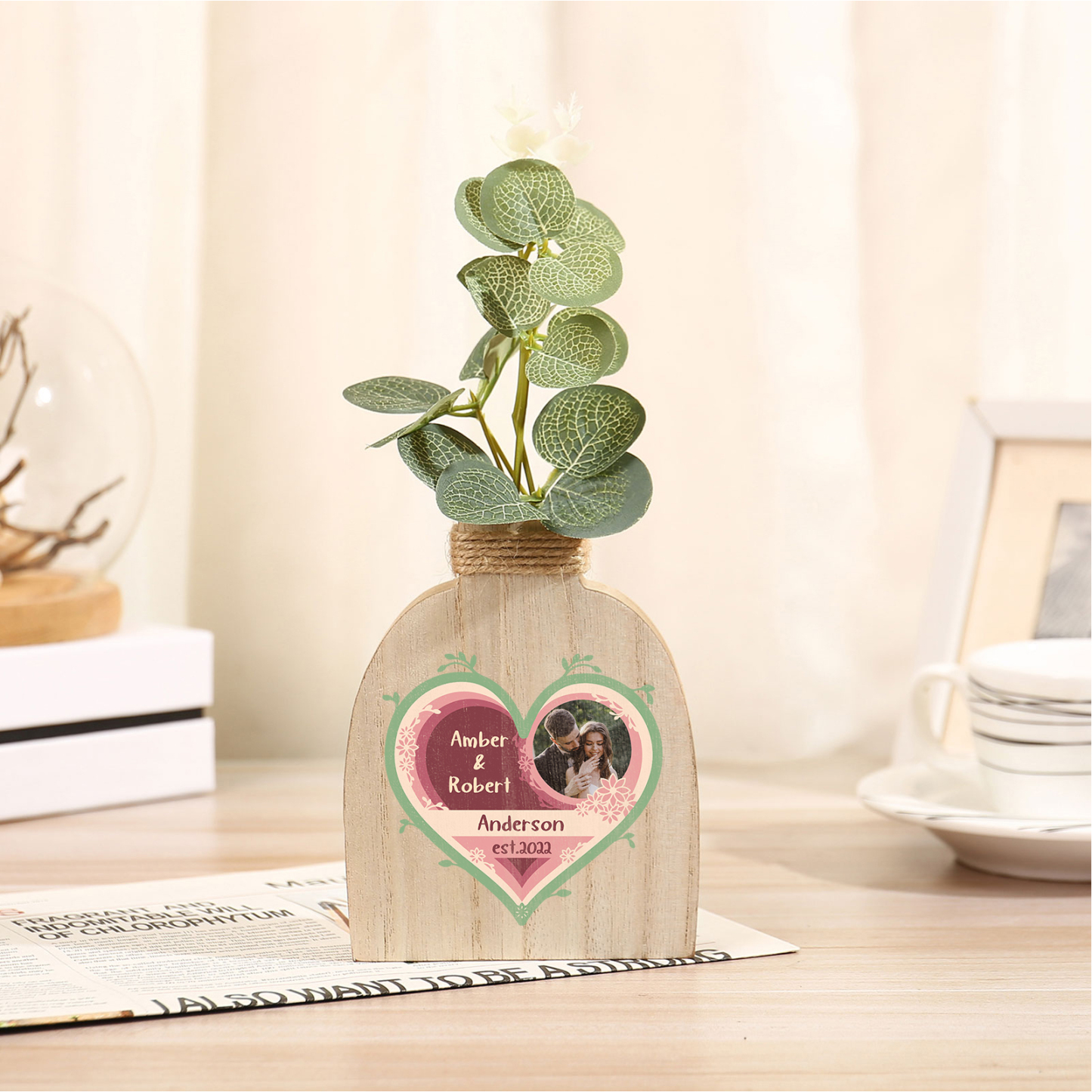 Holz Personalisierte 2 Namen & Text & Foto Vase für Liebespaar