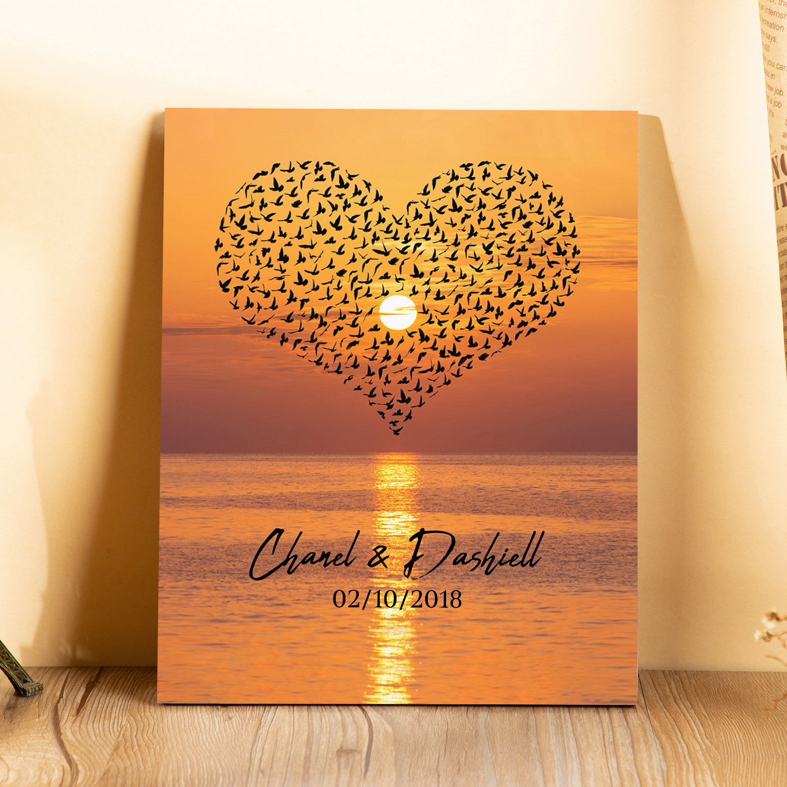 Pärchen Holzbild-Personalisierter 2 Namen & Datum Dämmerung Holzdekoration-für Paare