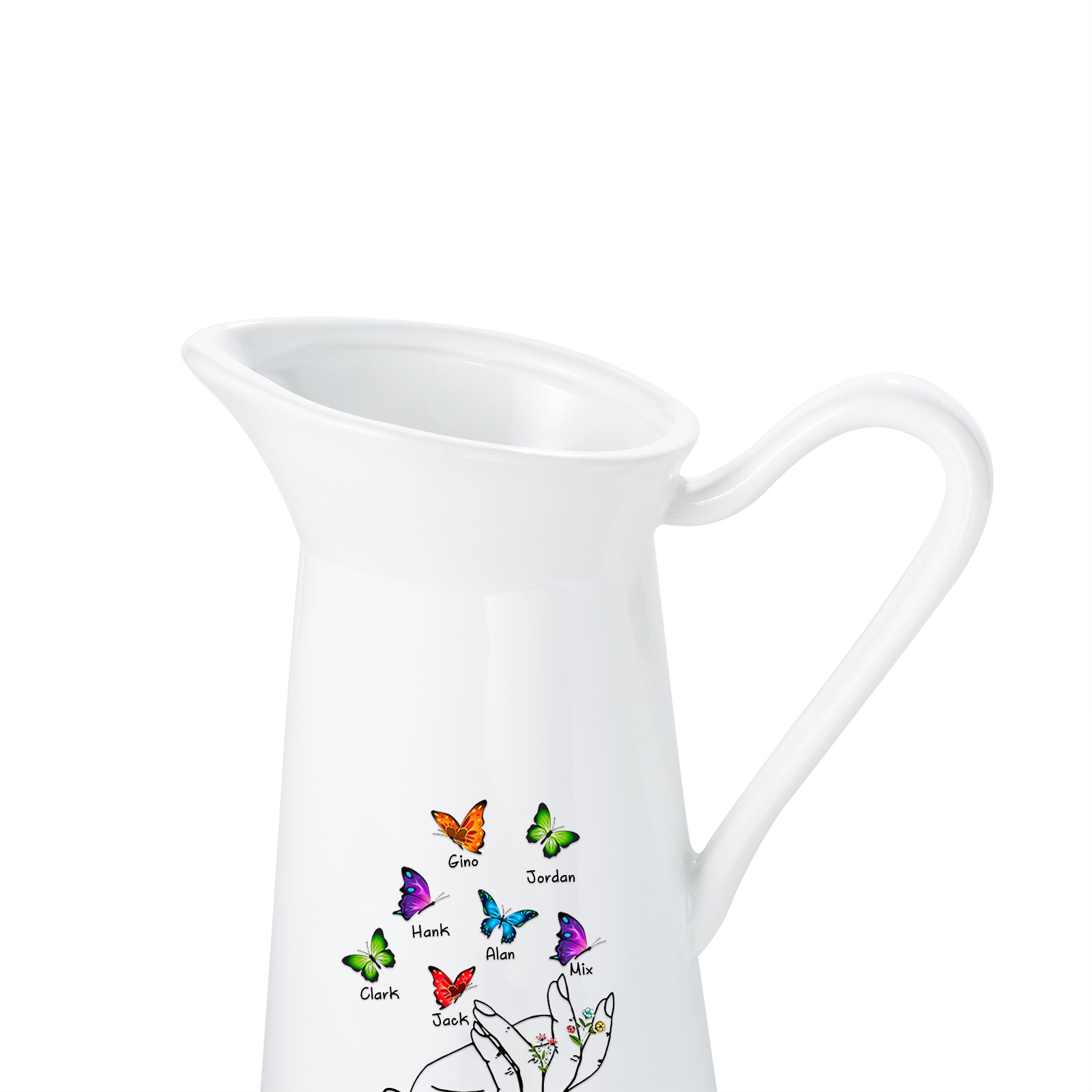 Personalisierte 7 Namen & Text Schmetterling in der Hand Gießvase mit Henkel Familie Vase