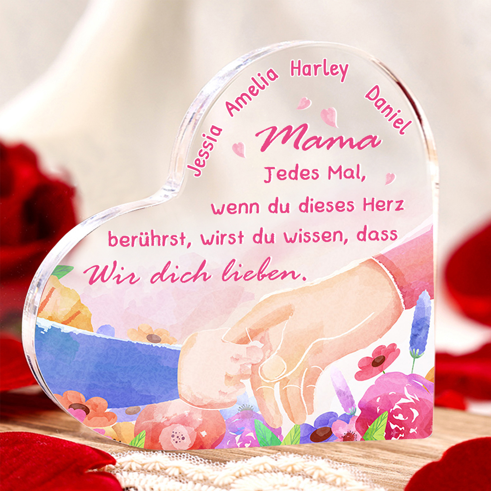 Personalisierte 4 Namen Herz Acryl-Deko Teddybär & Herzballon -Mama Jedes Mal, wenn du dieses Herz berührst, wirst du wissen, dass wir dich lieben- Familie Schreibtischdekoration