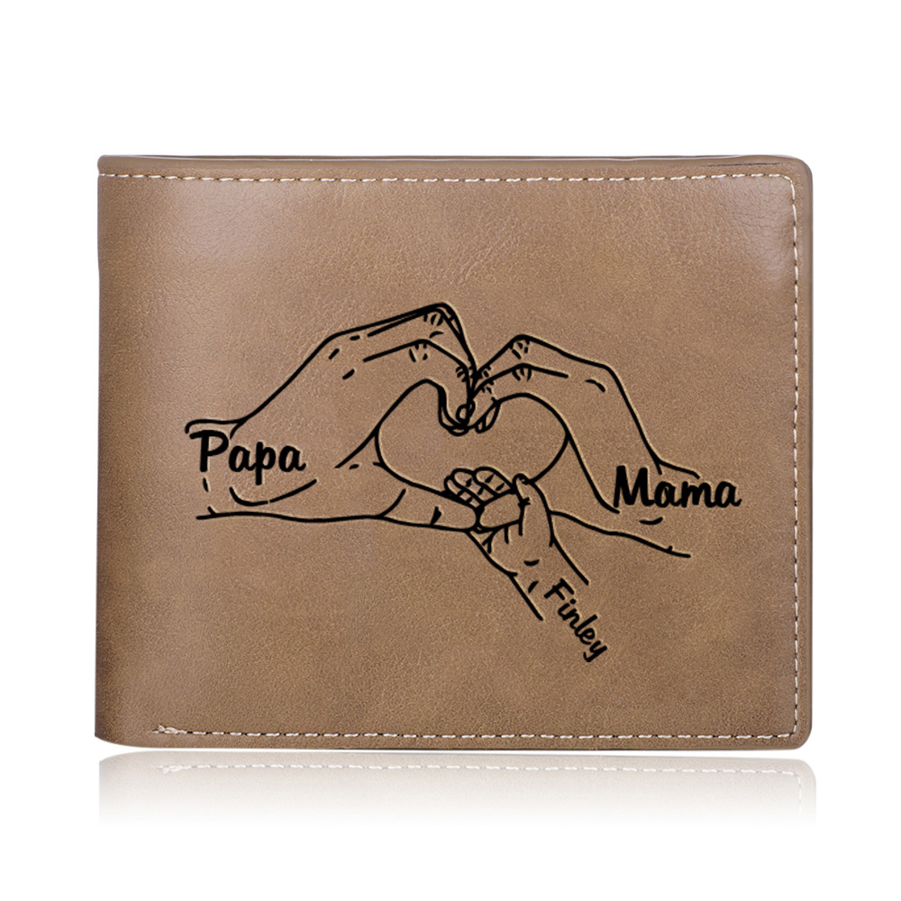 Personalisiertes Foto & 3 Namen Herz Hand Familie Leder Herren Geldbörse