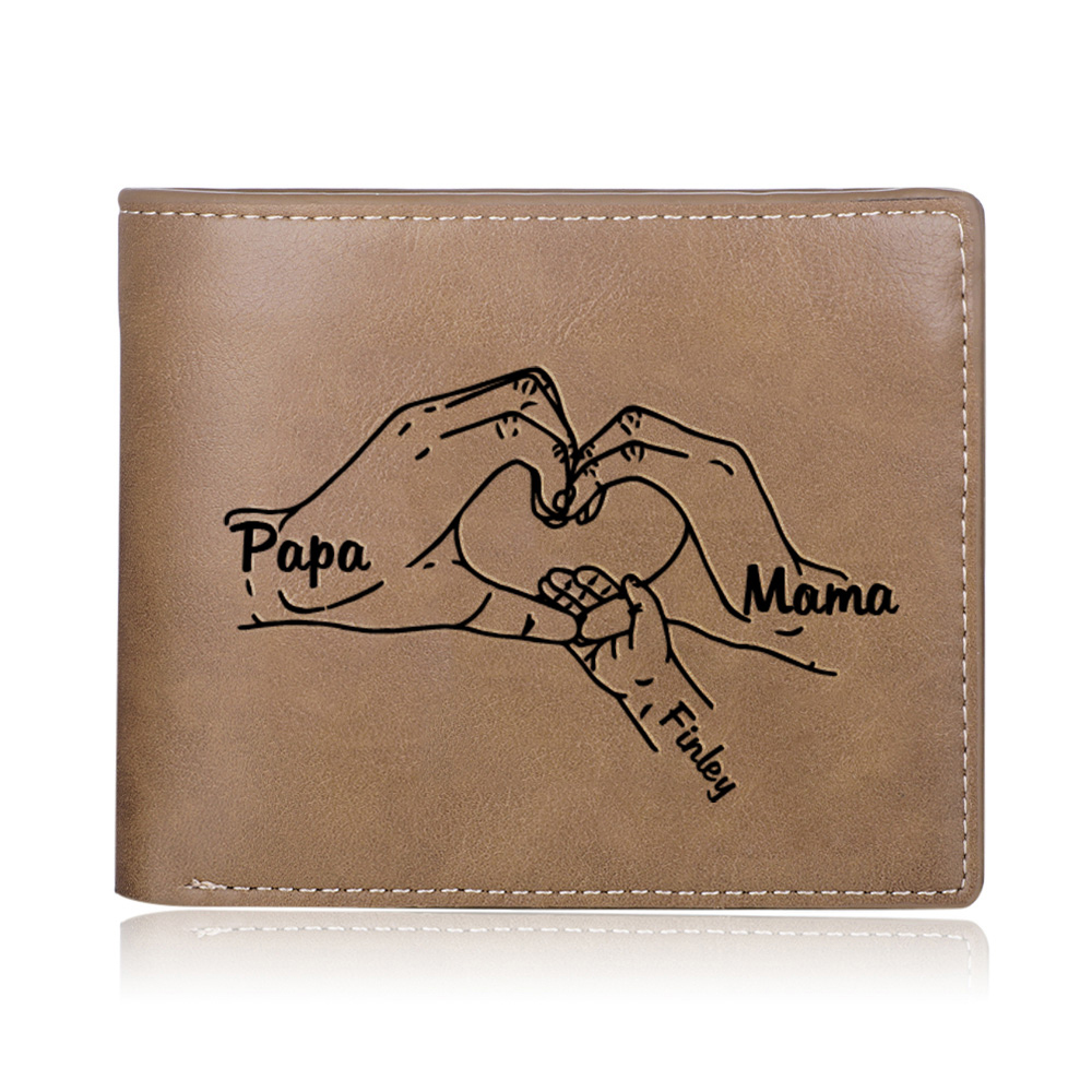 Personalisiertes Foto & 3 Namen Herz Hand Familie Leder Herren Geldbörse