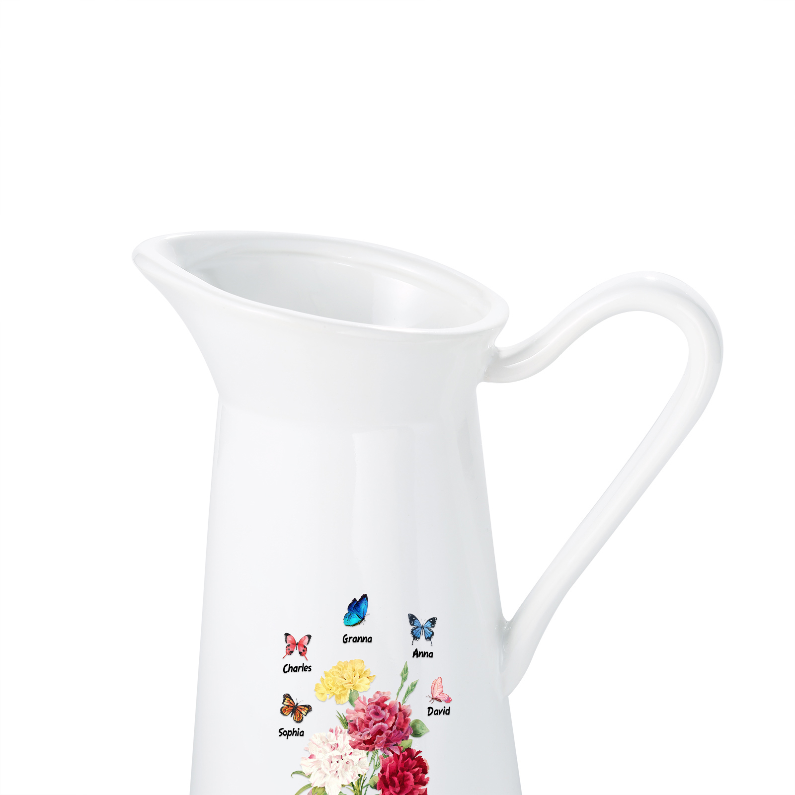 Personalisierte 5 Namen & Text Blumen & Schmetterling Gießvase mit Henkel Familie Vase