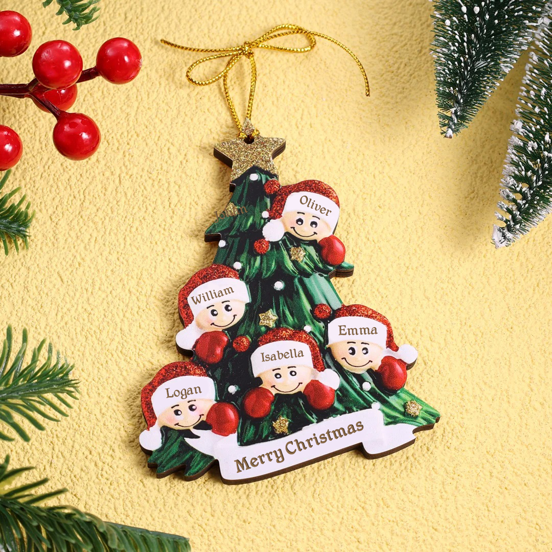 Holz Personalisiertes 5 Namen Text Weihnachtsornament Baum Anhänger mit 5 Familienmitgliedern