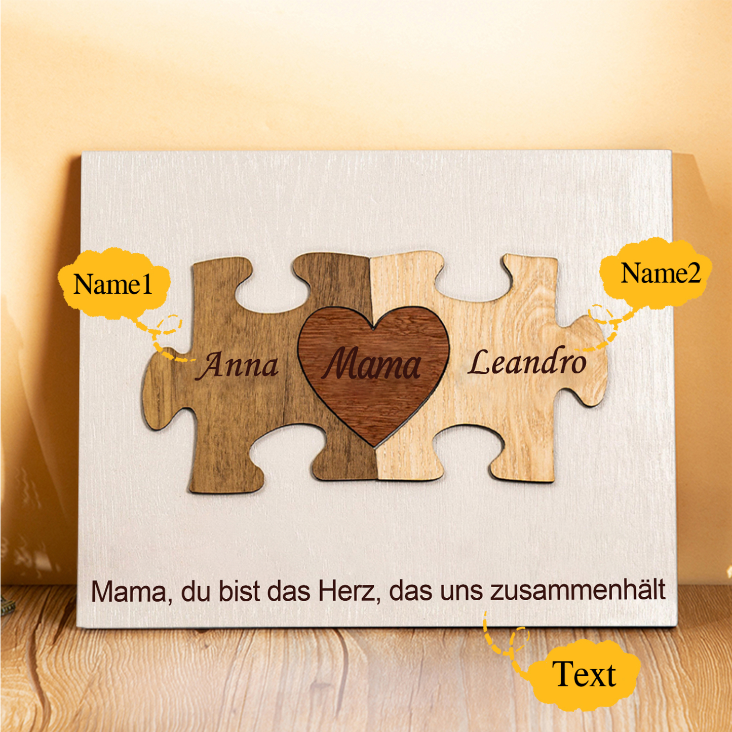 Mutter Holzbild-Personalisierter Text & 2 Namen Mama Puzzle Holzdekoration-Geschenk für Mutter