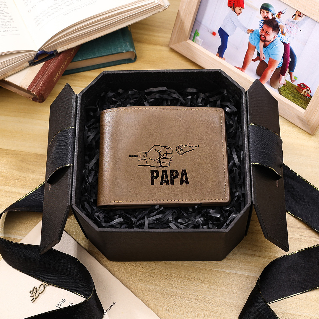 Kettenmachen Herren Personalisierte 2 Namen Leder Papa und Kinder Geldbörse Geschenk für Vater 21.99
