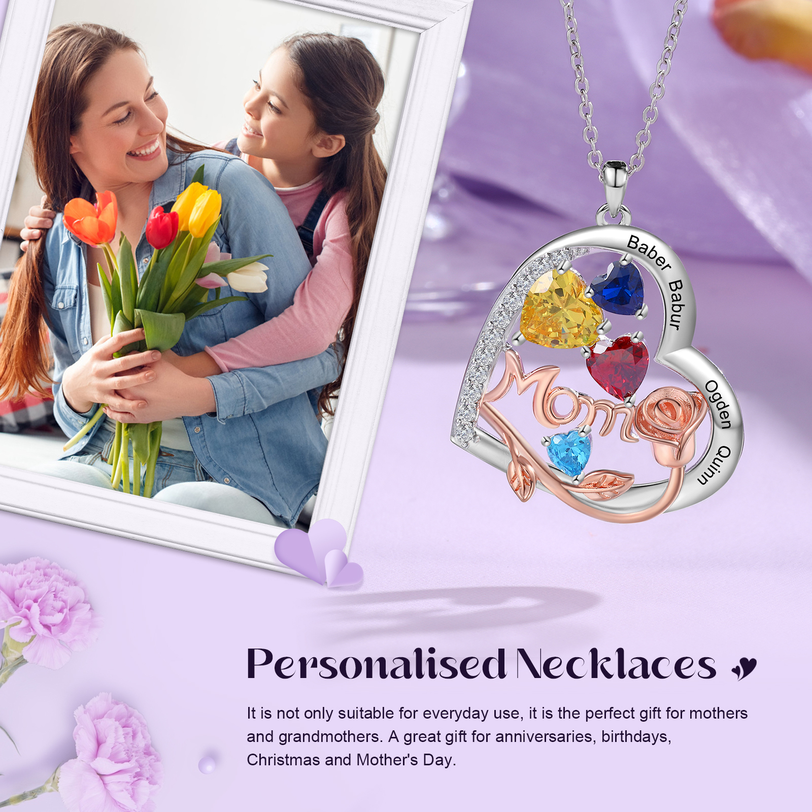 Personalisierte 4 Namen Herz Rose Gravur "MOM" Halskette mit 4 Geburtssteinen