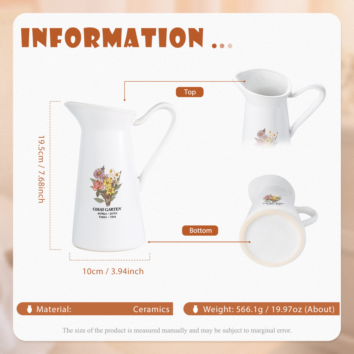 Personalisierte 4 Namen & Geburtsblumen & Text Gießvase mit Henkel Familie Vase