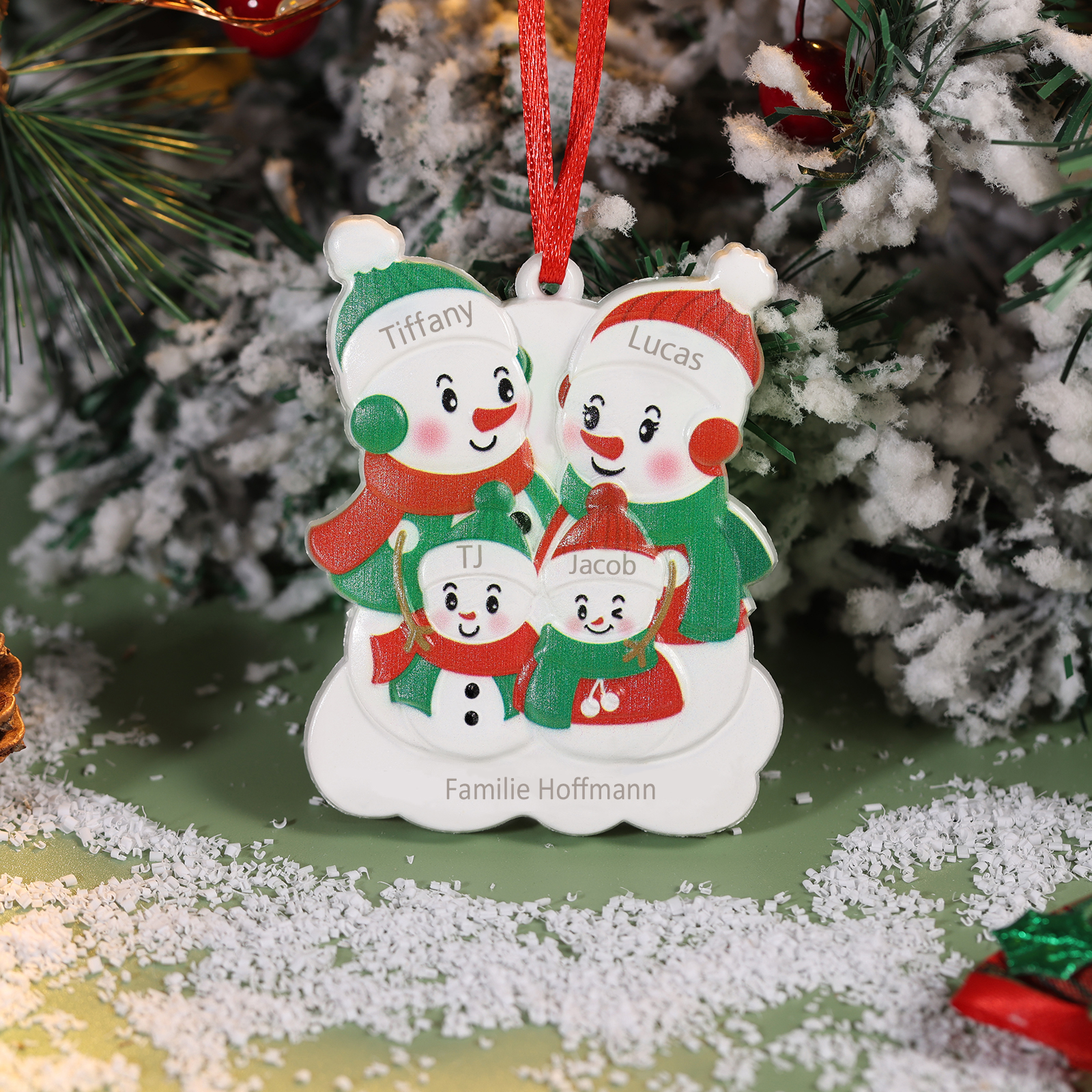 Harz Personalisiertes 4 Namen & Text Schneemann Weihnachtsornament Weihnachtsbaum Anhänger mit 4 Familienmitgliedern